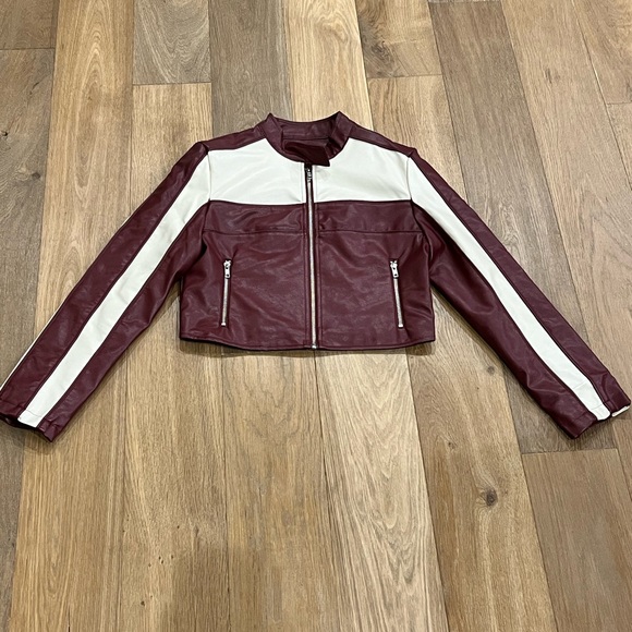 Stylish Burgundy and Cream Moto Style Women's Jacket S - Picture 2 of 4